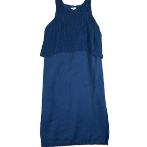 J Jill Pure Jill Linen Dress Size M Layered Blue Sleeveless Batik Slit Midi